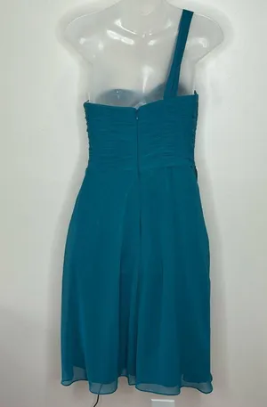 Azazie Madalynn Bridesmaid Dress one shoulder Peacock NWT Size A4 ruffle detail thumbnail 5