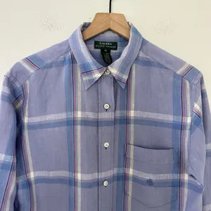 Vintage 100% LInen Lauren Ralph Lauren Button Down Shirt Sz M Plaid Preppy Indie thumbnail 2