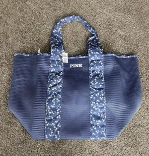Victoria’s Secret PINK Blue Mesh Floral Tote Bag Large Gym Beach Travel thumbnail 1