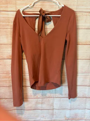 Free People Rust Long Sleeve V-Neck Top with Back Tie adorable thumbnail 1
