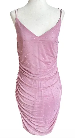 Windsor Pink Mesh Ruched Rhinestone Bodycon V-Neck Dress Party Large | 16-9 thumbnail 1