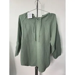 Alice Walk Top Green Organic Cotton Gauze Tie Back Long Sleeve Blouse M thumbnail 3