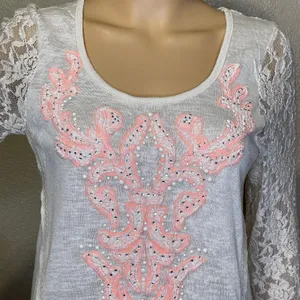 Sheer Long Lace Sleeve Blouse Cream With Coral Applique On Front Size L thumbnail 1