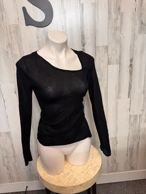ZARA Asymmetric Cutout Ruched Long Sleeve Top Womens S Black Shimmer Sheer thumbnail 7