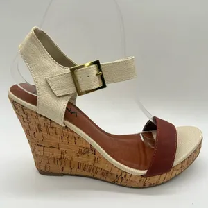 Diviana Sandal Womens Brown Cream‎ 8 Ankle Strap Open Toe Wedge Sandal NEW thumbnail 3