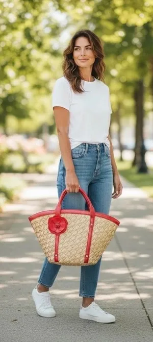 Coldwater Creek Woven Straw Tote Bag Red Leather Trim Flower Accent ‎ Vacation thumbnail 1