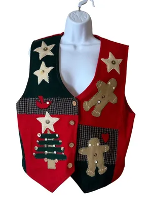 Keren Hart‎ Vintage Christmas Vest Patchwork Holiday Gingerbread Stars Women's L thumbnail 1