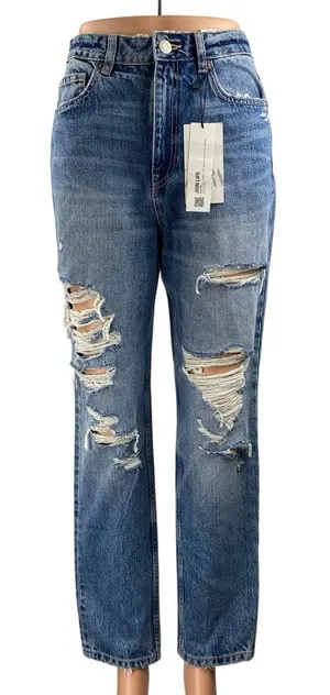 NEW Zara Women's Blue Distressed High Waisted Straight Leg Denim Jeans Size 4 thumbnail 1