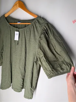NEW Old Navy Boho Cottagecore Cotton Puff Sleeve Peasant‎ Blouse Olive Green XL thumbnail 6