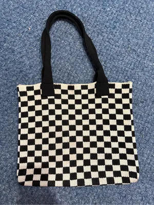 Black & White Checkerboard Knit Tote Bag - Stylish Everyday Carry thumbnail 3