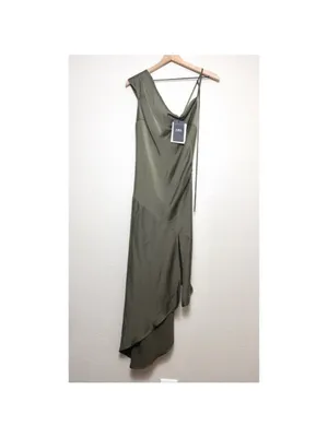 NWT ABS Allen Schwartz Everly Satin Drape Dress 2 Olive Green Slit One Shoulder thumbnail 4