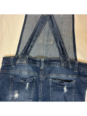 WallFlower Distressed Denim Y2K Overall Shorts Womens M Shortalls Dark Frayed thumbnail 6