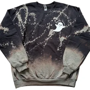 Spooky Season Ghost Bleach Dye Crewneck Sweatshirt Black Gray Size Large thumbnail 1