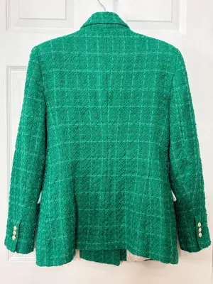 ZARA Green Bouclé Tweed Double Breasted Blazer Gold Button Quiet Luxury Preppy M thumbnail 3