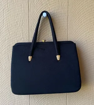 Vintage 1950s Black Structured Top Handle Bag Gold Hardware thumbnail 1