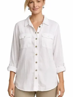 H&M white linen pocket front button down size medium thumbnail 1