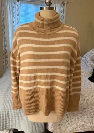 GAP 100% Cotton Striped Camel & Cream Turtleneck Sweater thumbnail 1