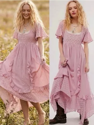 Free People Ethereal Bohemian Bring The Romance Midi Maxi Dress Blush Pink Small thumbnail 2