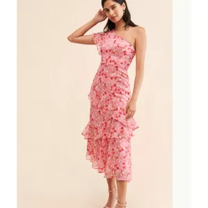 ASTR the Label Revolve One-Shoulder Pink Floral Ruffle Tiered Midi Dress Size M thumbnail 7