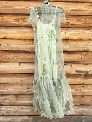 CAARA Melody Size M Green Floral Tie Neck Ruffle Hem Gown Dress Few Moda thumbnail 5