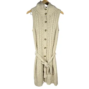 Ann Taylor LOFT Cream Cable Knit Long Sleeveless Cardigan‎ Vest Belted Medium thumbnail 3