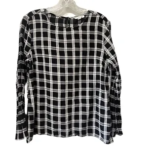 Beach Lunch Lounge Womens Size Medium Black White‎ Plaid Long Sleeve Peasant Top thumbnail 2