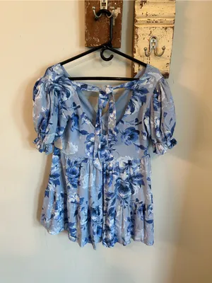 NWT Altar'd State Evie Blue Floral Tiered Babydoll Mini Dress thumbnail 3