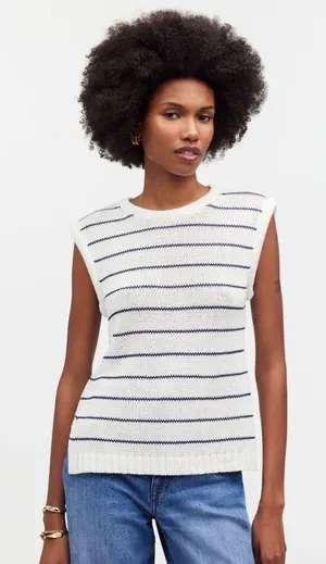 Madewell Puff-Trim Sweater Vest in Stripe thumbnail 1