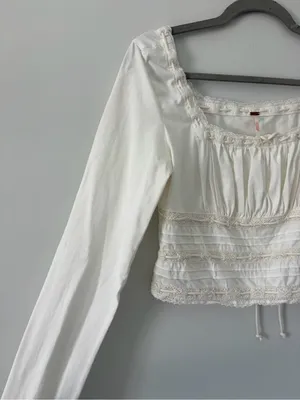 Free People Scarlet Smocked Milk Maid Long Sleeve Lace Trim Blouse Soft Ivory S thumbnail 4