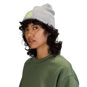 Lululemon Warm Revelation Beanie Hat Grey Neon Yellow Logo Merino‎ Wool Winter thumbnail 2