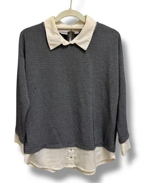 Ann Taylor Top‎ Womens S Navy White Layered Collared Mixed Media Blouse thumbnail 1