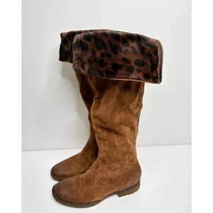Born Malena‎ Tan Suede Leopard Print Cuff Tall Boots Back Zip 5.5M thumbnail 4
