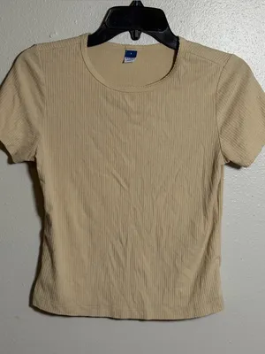 Old Navy Women‎ Minimalist Neutral Classic Ribbed Crewneck Tee Beige Tan size S thumbnail 2