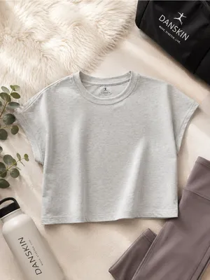 Danskin‎ Heathered Light Gray Crewneck Cropped Tee thumbnail 5