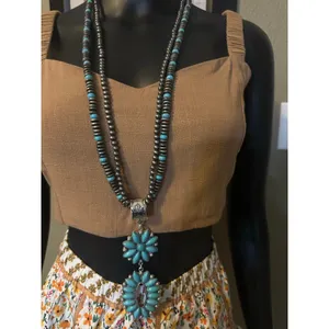 EMMA Southwestern Style Two-Tier Turquoise Blossom Pendant and Earring Set thumbnail 3