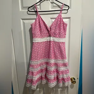 Bardot Camille fit and flare mini Eyelet lace Dress. pink white sz M 8 thumbnail 3