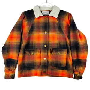 Urban Outfitters Plaid Jacket Sherpa Collar Button Front Orange Black XS‎ Grunge thumbnail 1