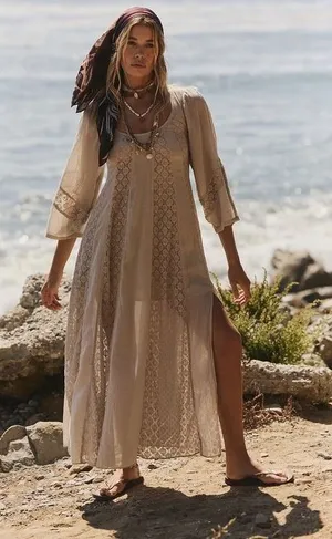 Free People Free-est Starlight Flowy‎ Crochet Maxi Dress Morning Oat Tan NWT S thumbnail 1