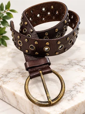 Fossil Dark Brown Genuine Leather Eyelet Studded Belt Round Brass Buckle thumbnail 1