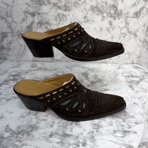 Cole Haan Western Heeled Mules Size 7 Brown Suede Turquoise Studded Butterfly thumbnail 3