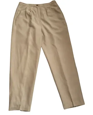 FT2 Tan 100% Silk Pleated Trousers High Rise Straight Leg Pants M thumbnail 1