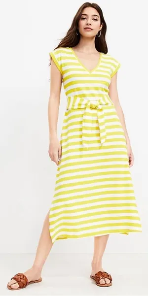 Loft Striped Tie‎ Waist V-Neck Midi Dress Yellow and White Striped Size: Medium thumbnail 1