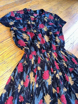 Vintage Ark Reworked midi dress black w/floral pattern and black lining Sz 6 thumbnail 3