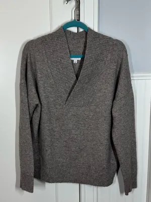 Evereve Taupe Tan Sweater V Neck‎ Shawl Collar Size Large Oversized Neutral thumbnail 2