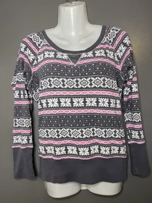 Victoria's Secret Thermal Shirt Womens Small Gray Fair Isle Scoop Neck Top thumbnail 2