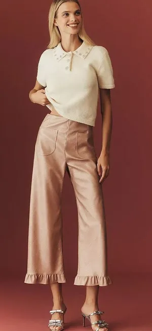 Maeve The Colette Crop Metallic Faux Leather Ruffle Hem Pants- Pink Metal Sz 30 thumbnail 1