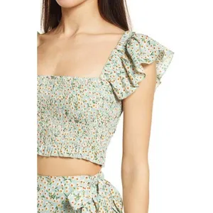 Lulus Crop Top Womens XL Flourishing‎ Fields Sage Green Floral Smocked Ruffle thumbnail 2