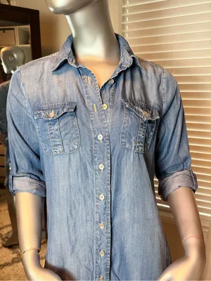 Reba 100% Tencel Chambray Denim Blue Shirt Dress Small Western Pockets Casual thumbnail 8