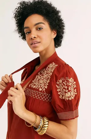 Free People Dreaming About You Wild West Brown Blouse M thumbnail 1