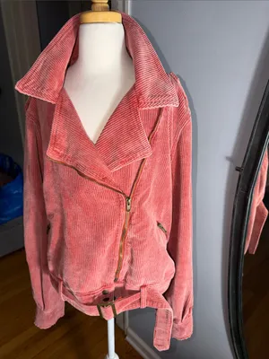 POL Coral Pink Corduroy Belted Moto Jacket thumbnail 3